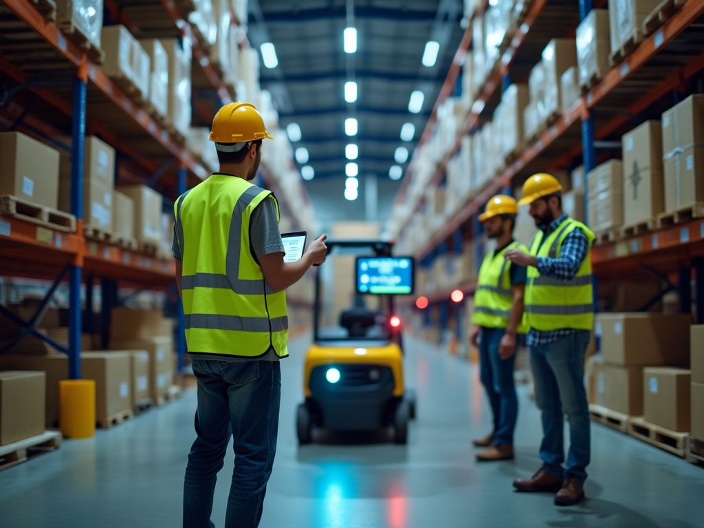 Two workers in safety gear coordinating operations with a tablet and forklift.