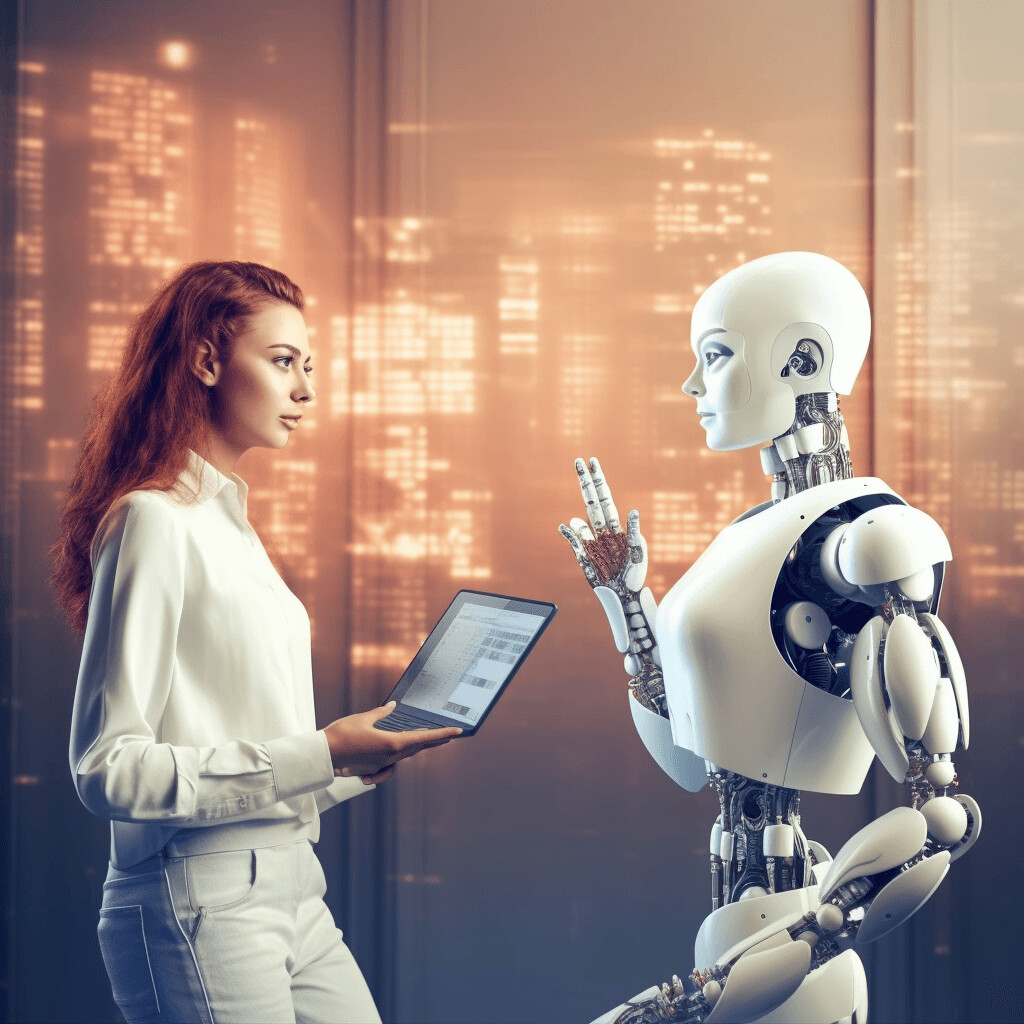 A woman with a laptop talking to a humanoid robot in a futuristic setting.