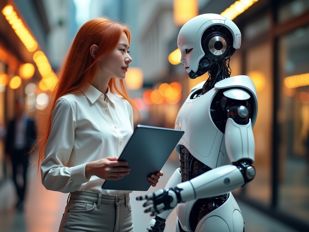 A woman holding a laptop converses with a humanoid robot in a futuristic environment.