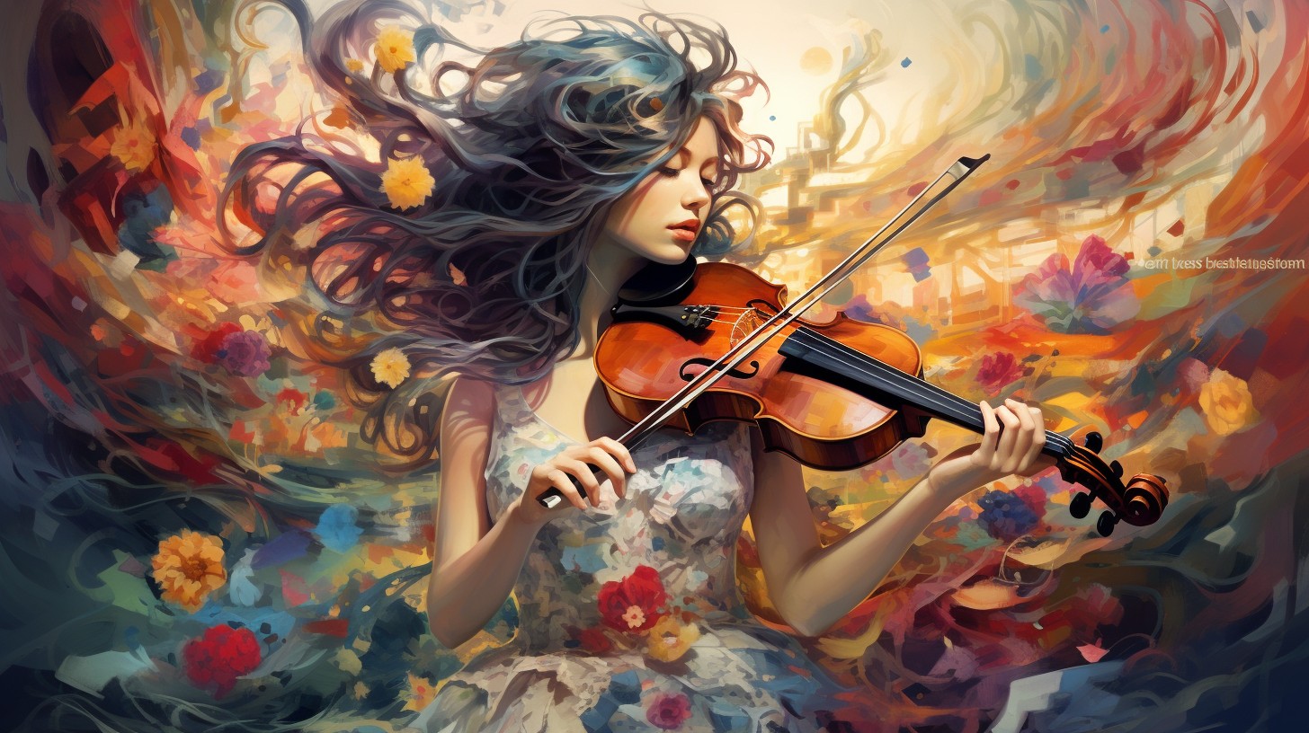 A woman with flowing hair playing a violin among colorful flowers.