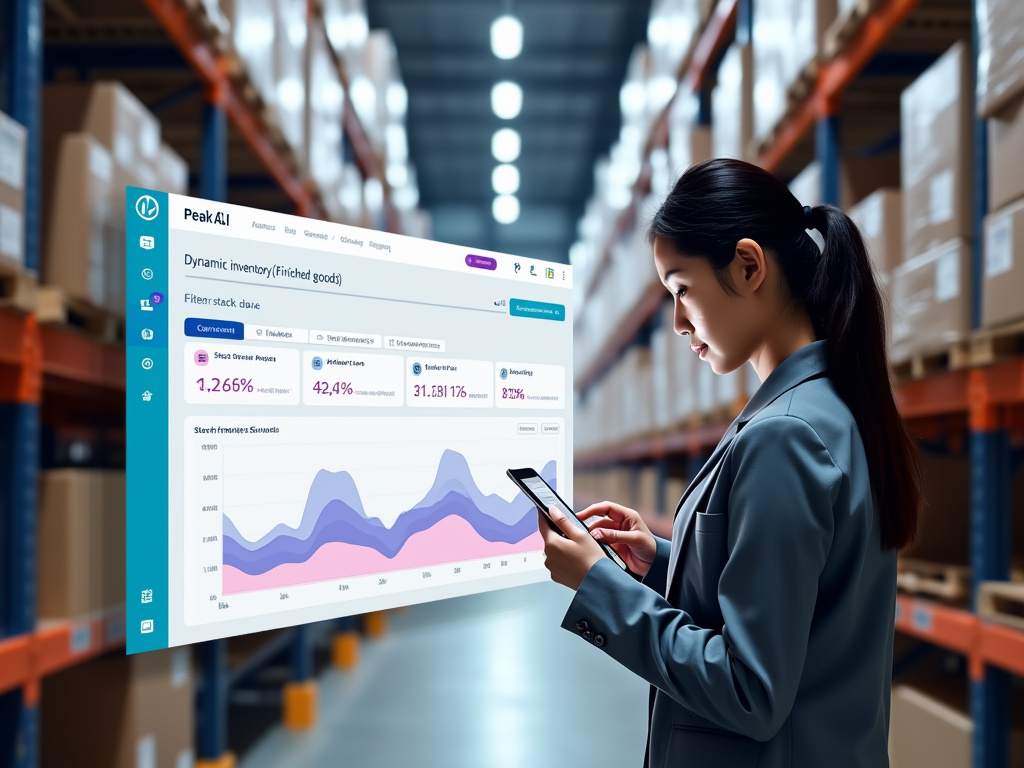 A woman in a warehouse reviewing inventory on a digital dashboard.