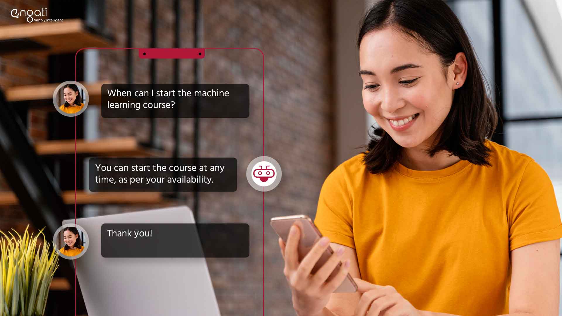 A woman in a yellow shirt smiles while using her smartphone.