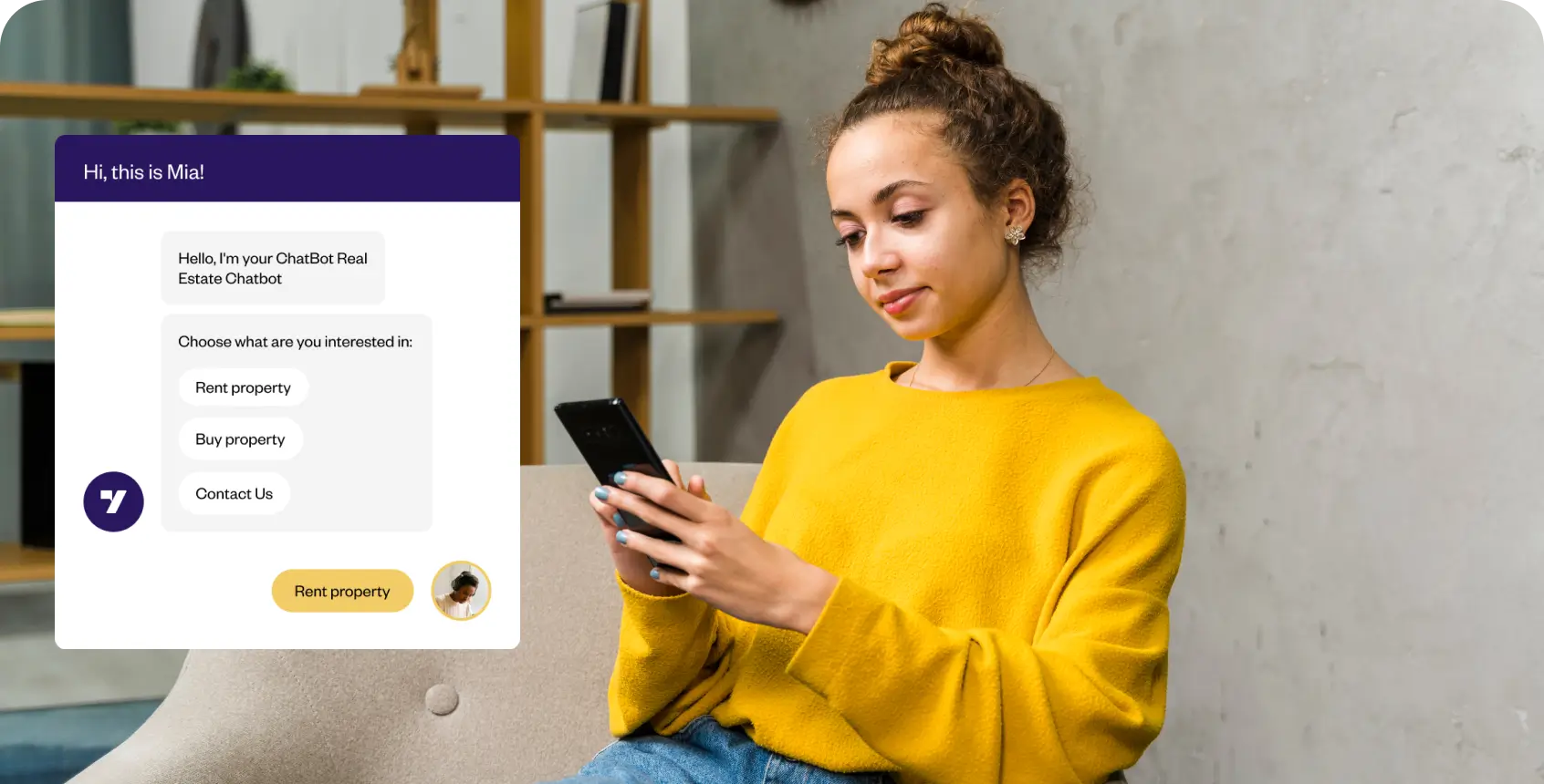 Woman in a yellow sweater using smartphone with real estate chatbot.