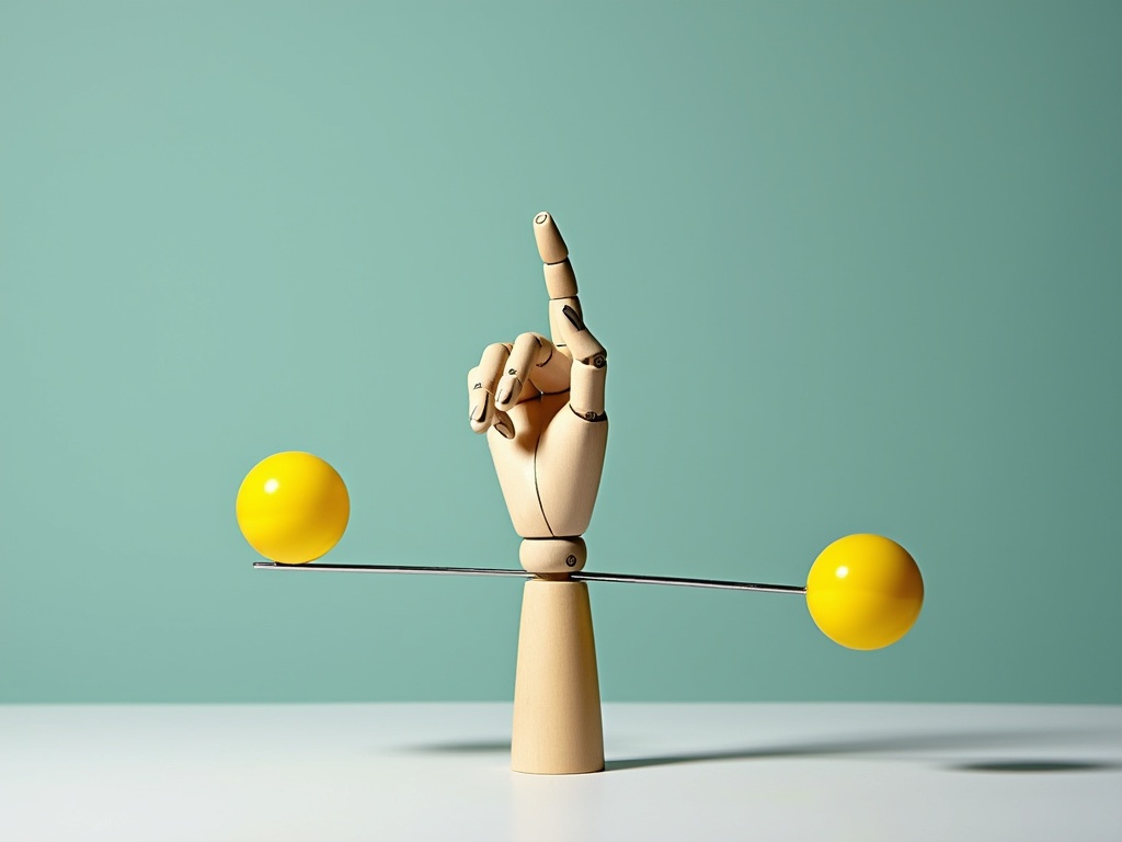 A wooden hand balancing a string with two yellow spheres.