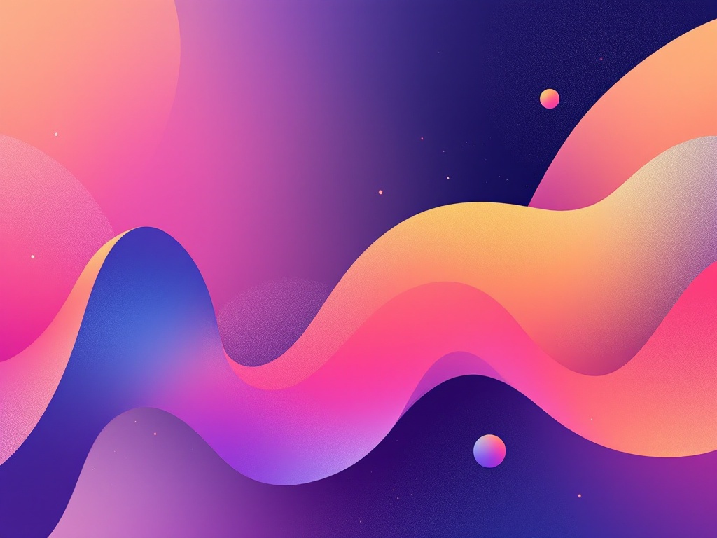 Abstract composition with waves and circular shapes in vibrant colors.