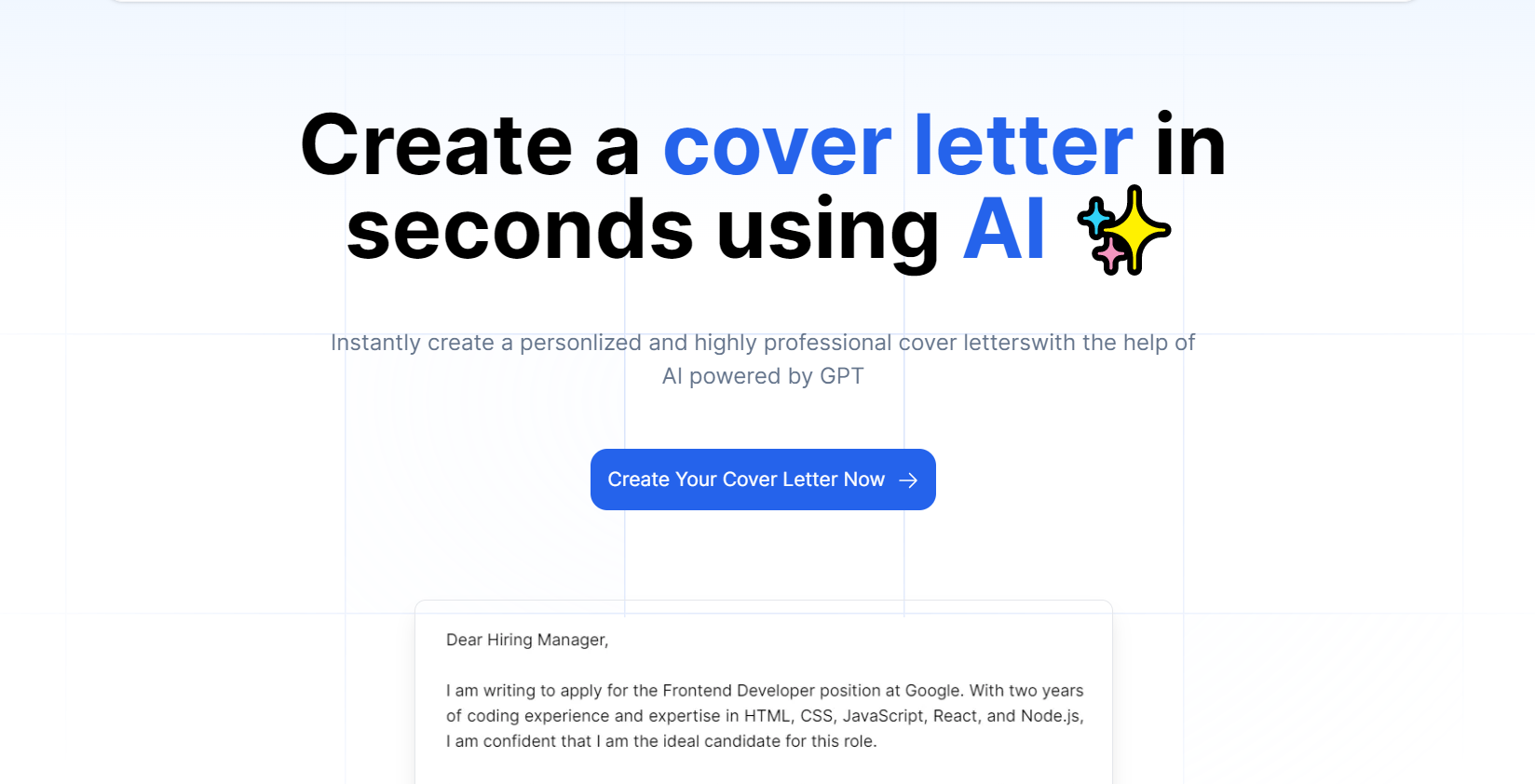 AI-generated personalized cover letter for a Frontend Developer.