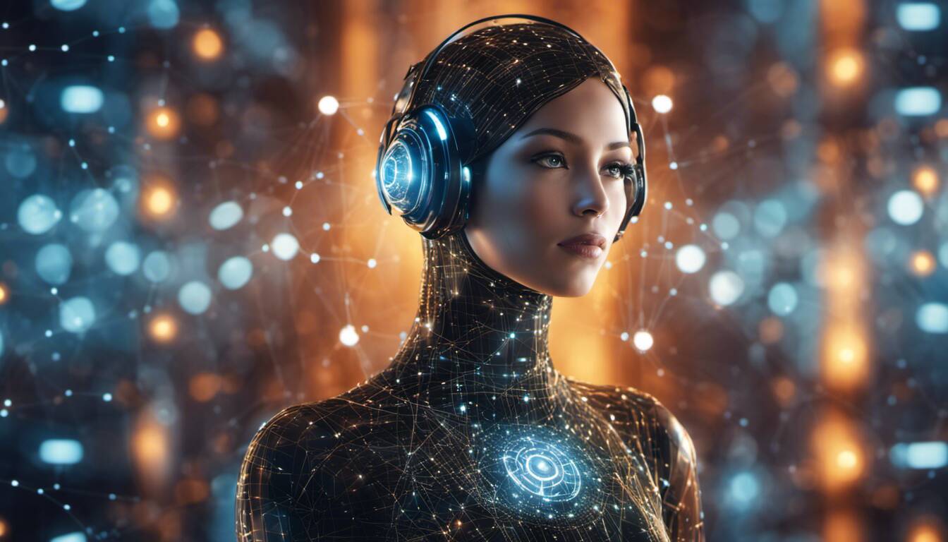 A futuristic humanoid figure with glowing patterns and headphones.