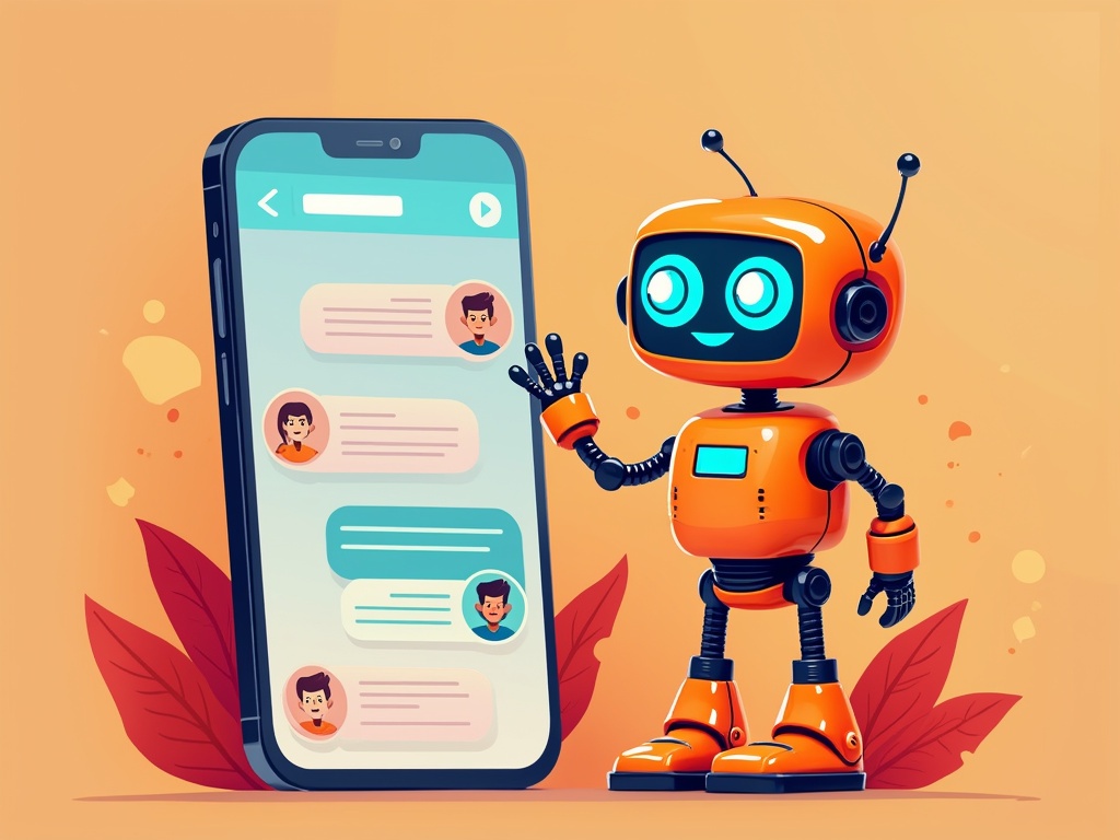 A cheerful red robot waves beside a smartphone with chat messages.