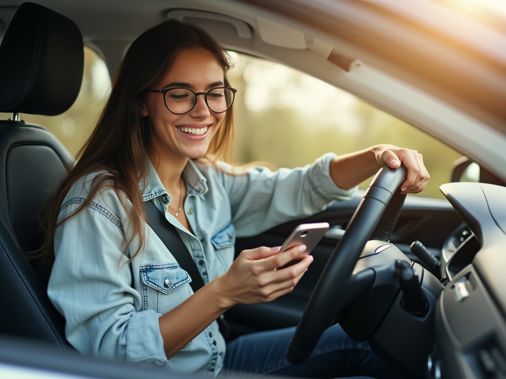 A woman with long hair and glasses smiling in a car while using her phone.