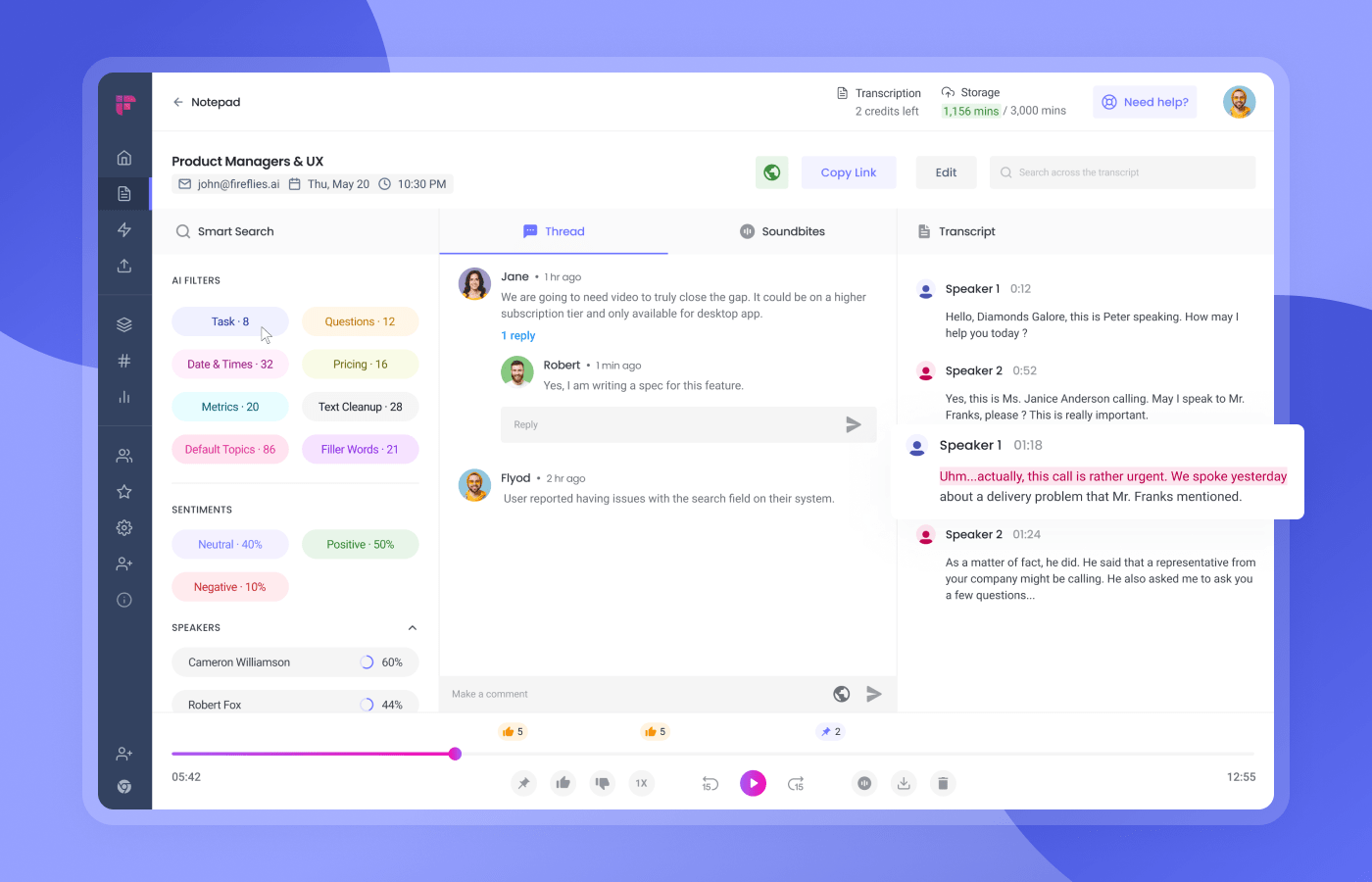 A collaborative workspace interface with conversation transcripts.