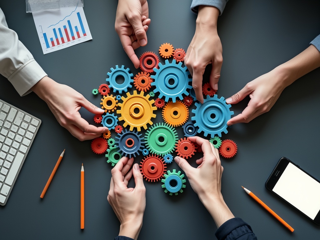 Top-down view of colorful gears on a dark surface with technology.