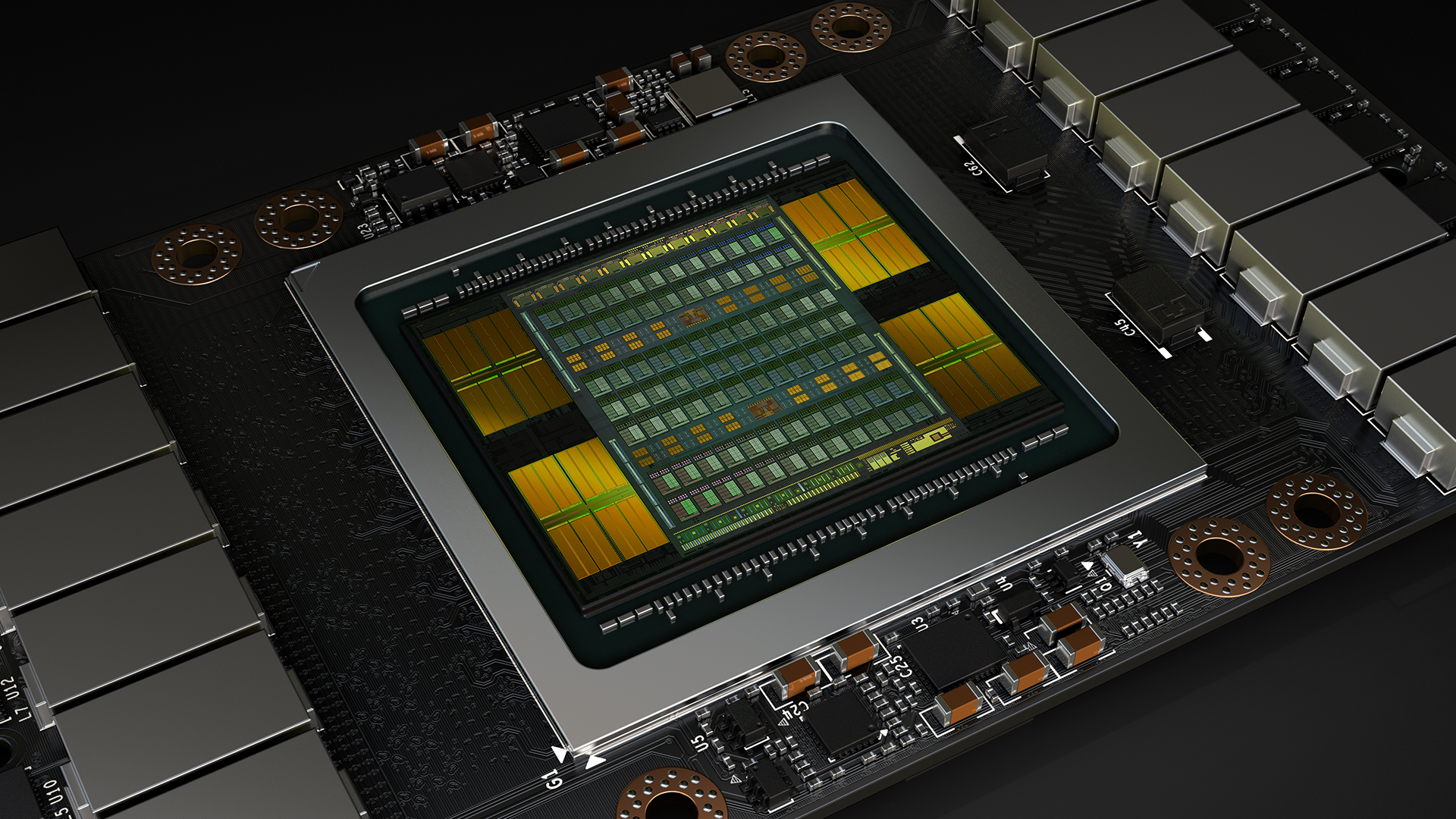 Detailed view of a computer chip on a circuit board.