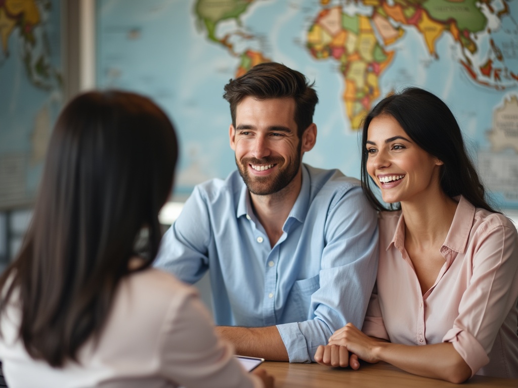 A young couple interacting with a travel professional in an office.