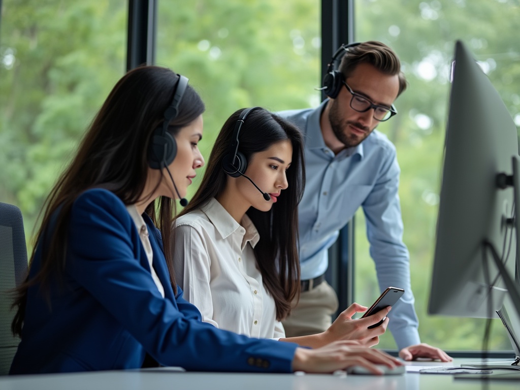 Three customer support representatives engaged in teamwork with headsets.