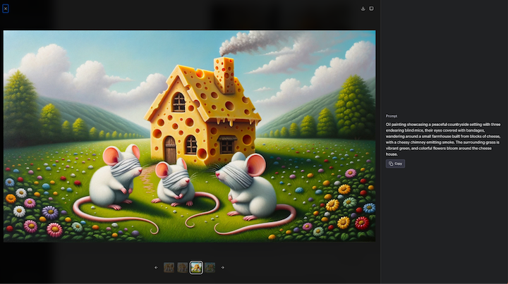 Three cute mice in a colorful garden by a cheese house.