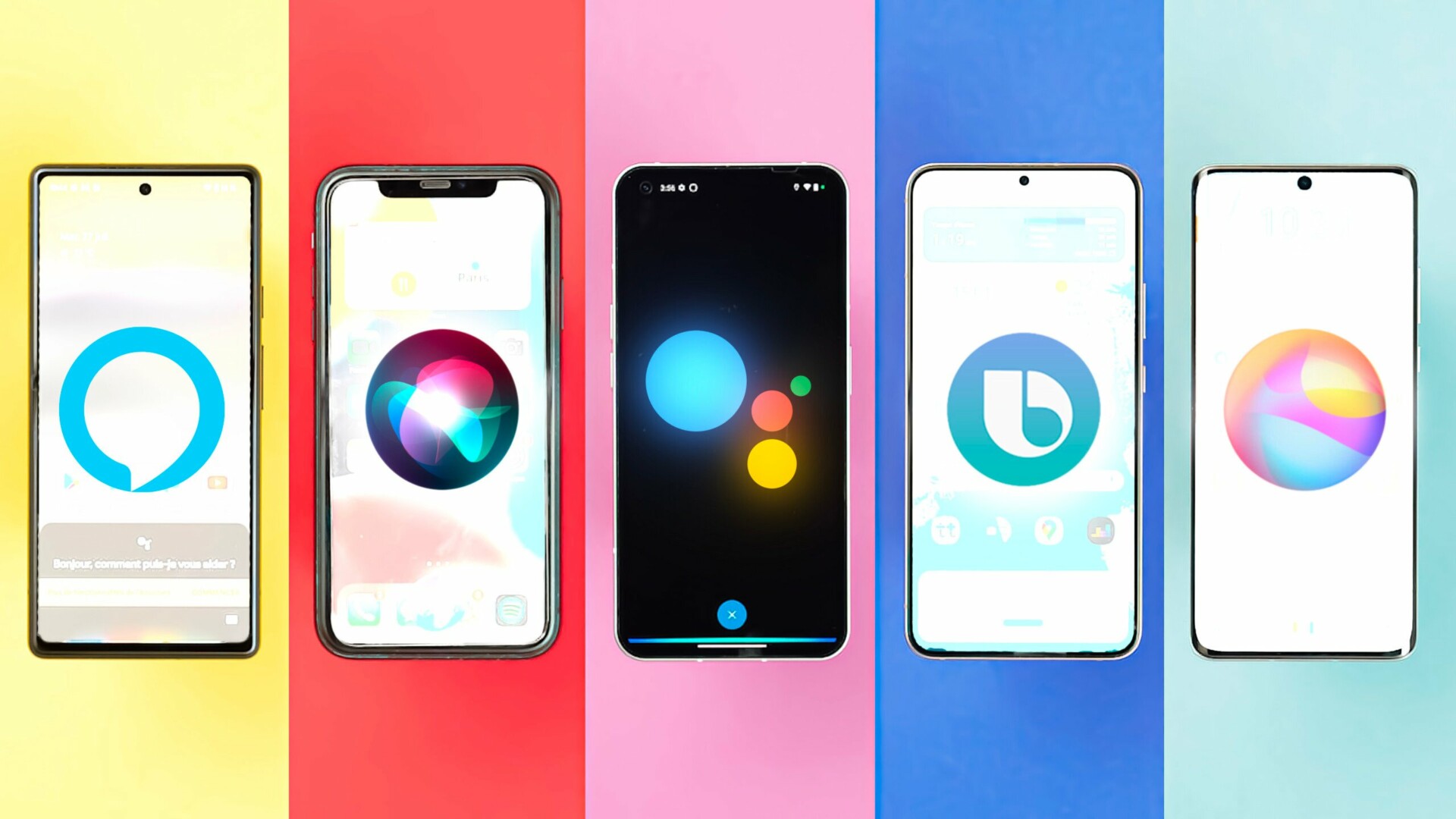 Smartphones displaying digital assistants on colorful backgrounds