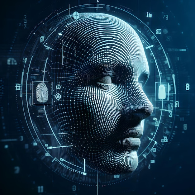 Stylized digital human face with fingerprint patterns and security icons.