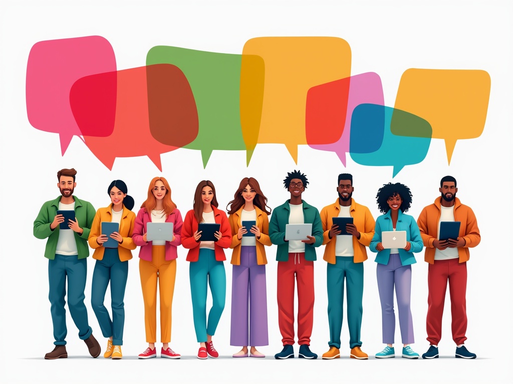 A diverse group of people with electronic devices and colorful speech bubbles.