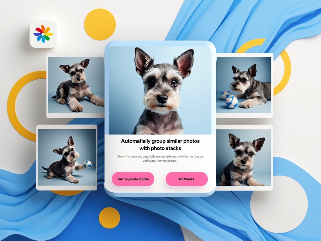 A dog in a patterned bandana with smaller images and UI overlay.