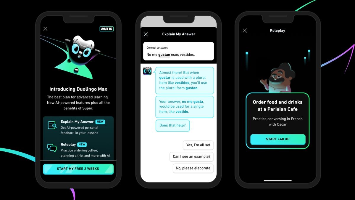 Screenshot of Duolingo Max app showcasing language features.
