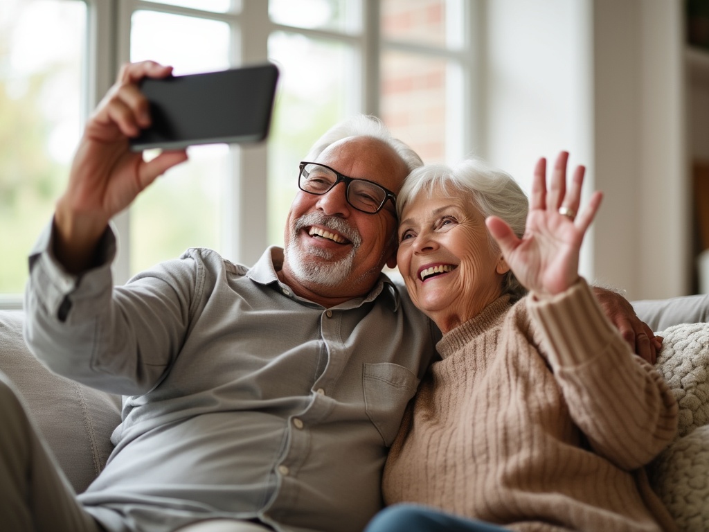 A smiling older couple using a smartphone to take a selfie.