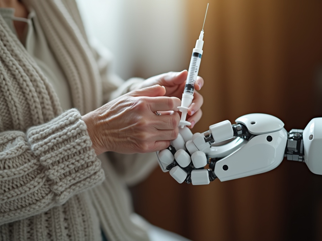 An elderly person interacts with a white robotic assistant while holding a syringe.