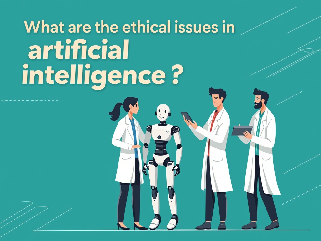 Three individuals in lab coats discussing AI with a humanoid robot.