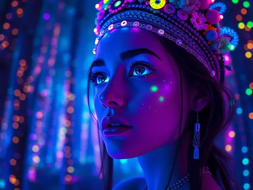 A young woman with a floral crown and shimmering makeup in a vibrant setting.