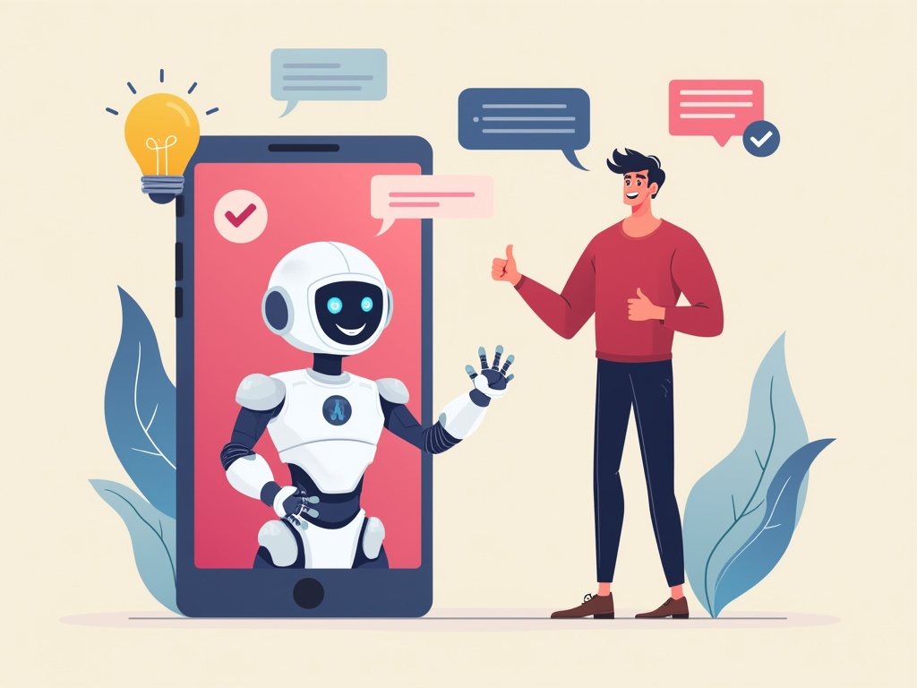 A person next to a smartphone showing a friendly chatbot and ideas.