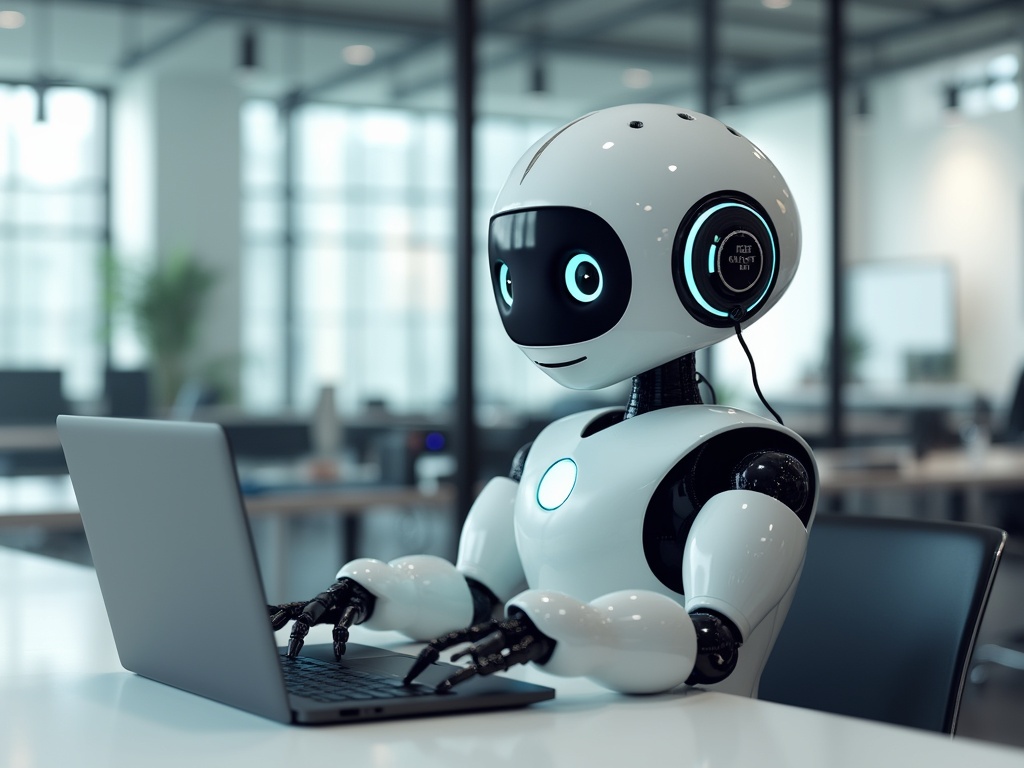 A friendly-looking robot with a headset focused on a laptop.