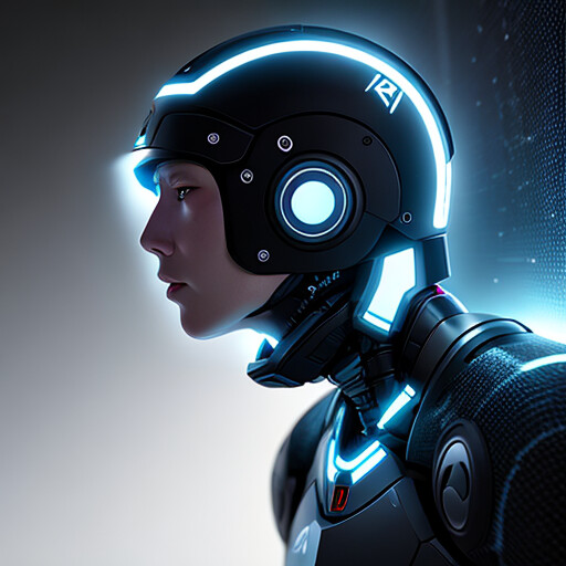 A futuristic figure in a high-tech helmet with luminous accents.