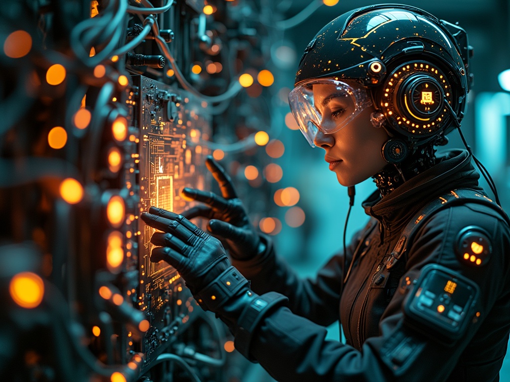 A futuristic female engineer with a transparent helmet and glowing circuits.