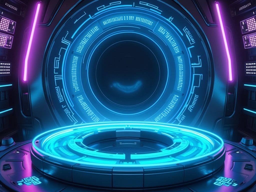 A glowing circular platform with blue and purple lights for gaming.