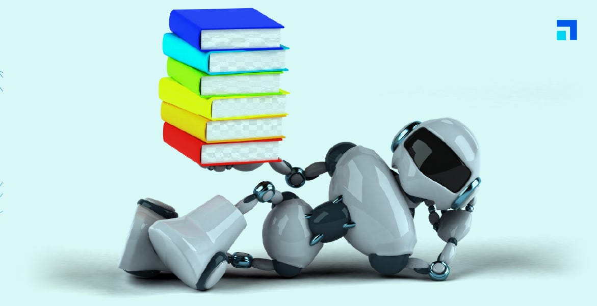 A small, futuristic robot balancing colorful books