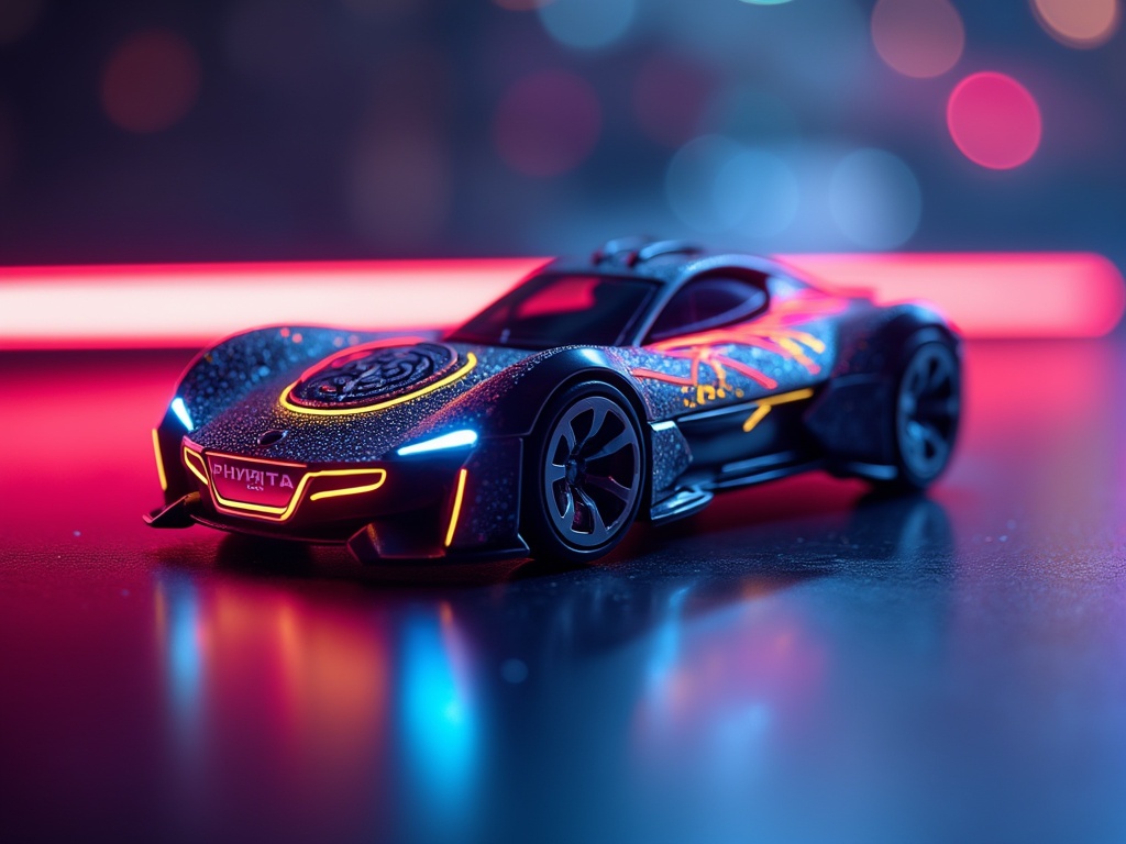 Futuristic toy car with neon lights on dark background