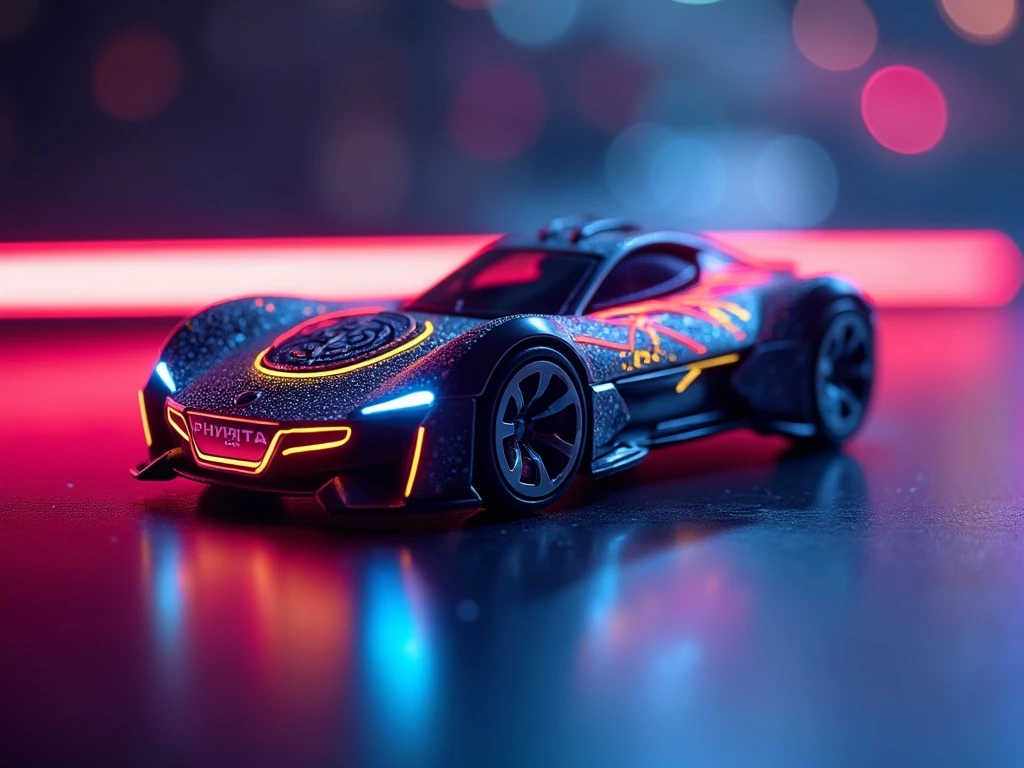 Futuristic toy car with neon lights on dark background