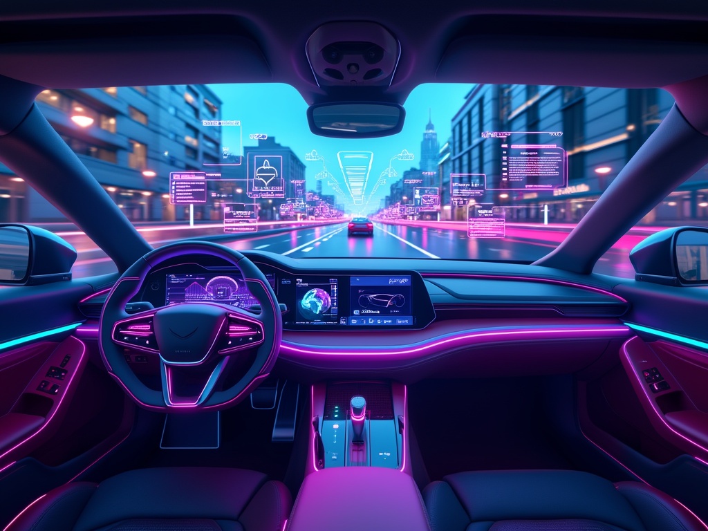 A futuristic car interior features advanced AI technology and a city view.