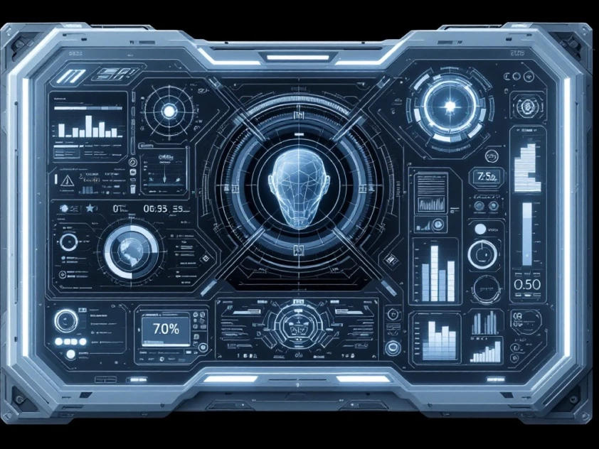 A futuristic control panel featuring interactive elements and displays in a minimalist style.