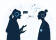 A minimalist image of a futuristic conversation between a person and a virtual assistant, highlighting AI-powered interactions.