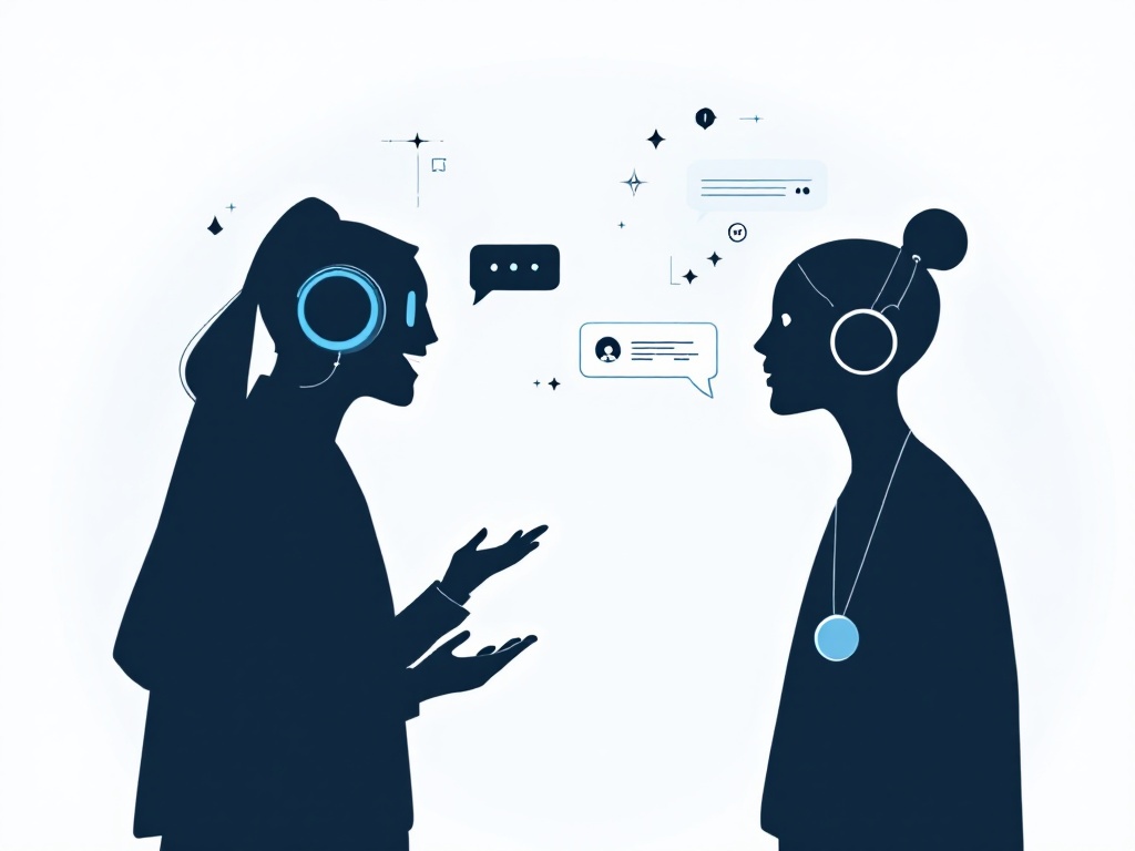 A minimalist image of a futuristic conversation between a person and a virtual assistant, highlighting AI-powered interactions.