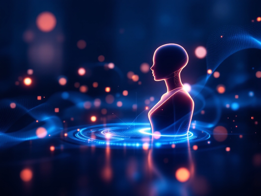 A sleek, minimalist image depicting a digital assistant in a futuristic setting.