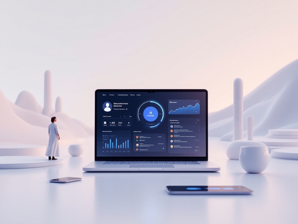 A clean, minimalist digital landscape featuring sleek, futuristic devices and interfaces.