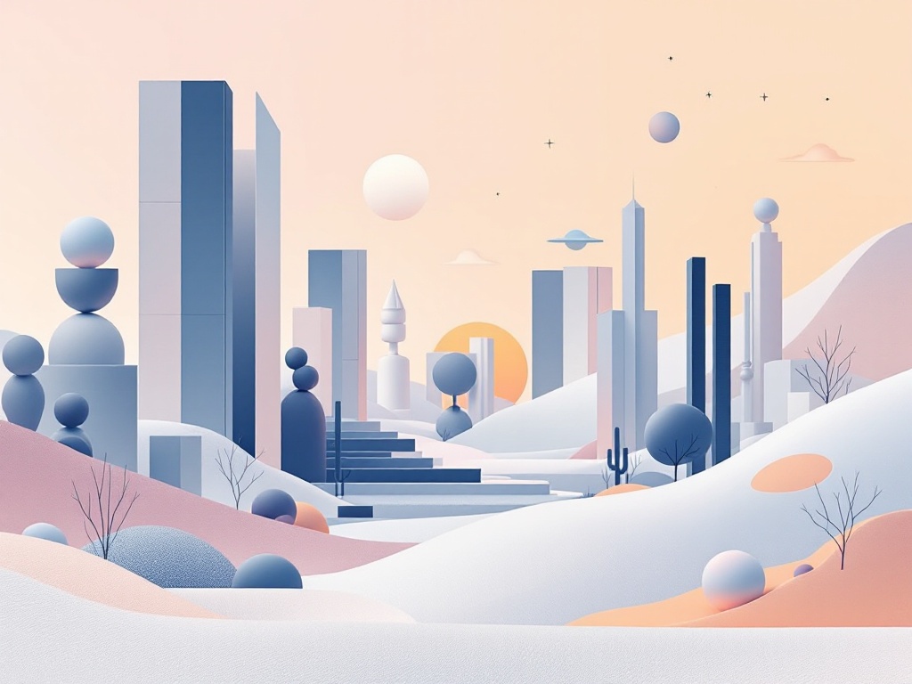 A minimalist, futuristic landscape featuring sleek geometric shapes and forms in cool tones.