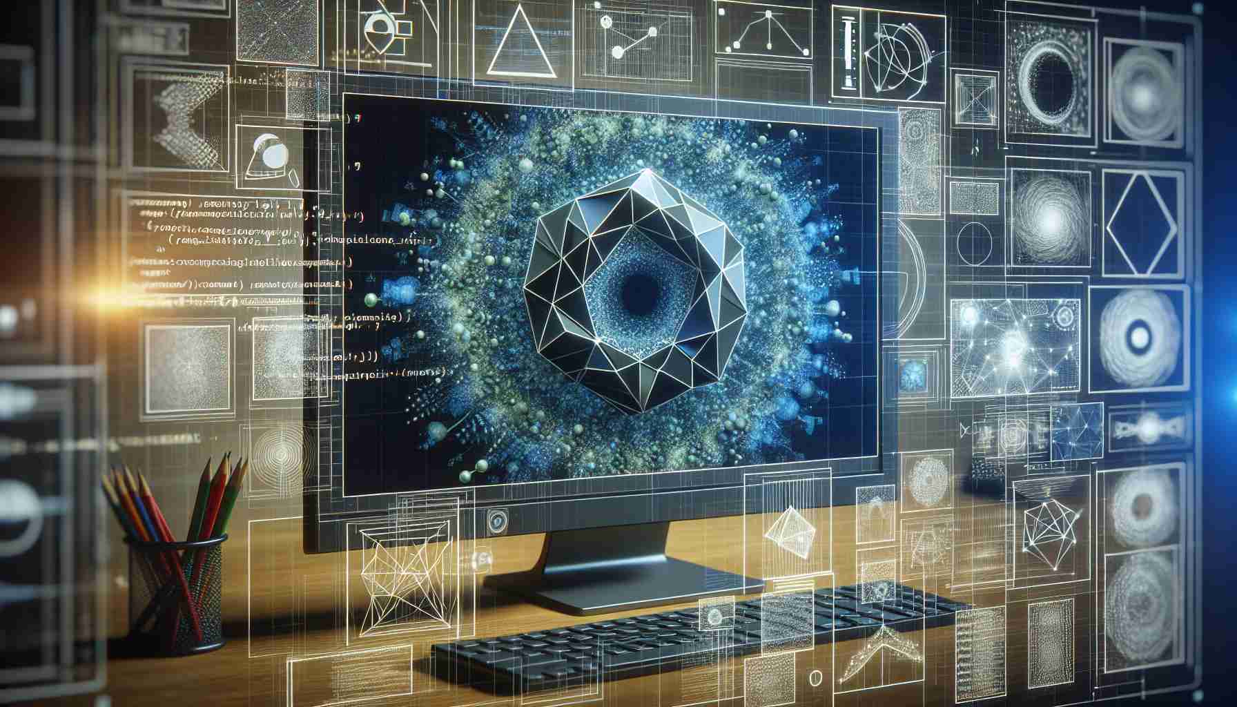 A computer monitor showing geometric structure and code visualizations