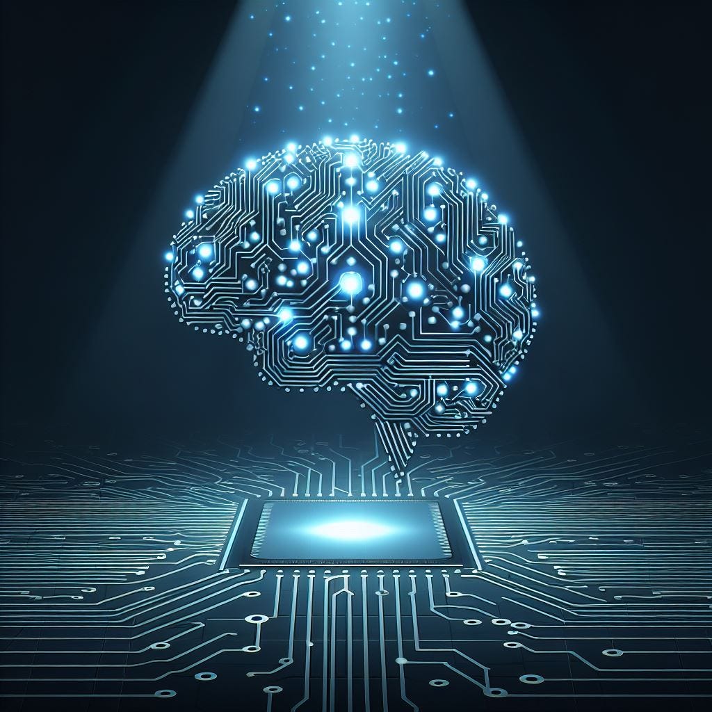 A glowing brain with circuit patterns above a microchip.