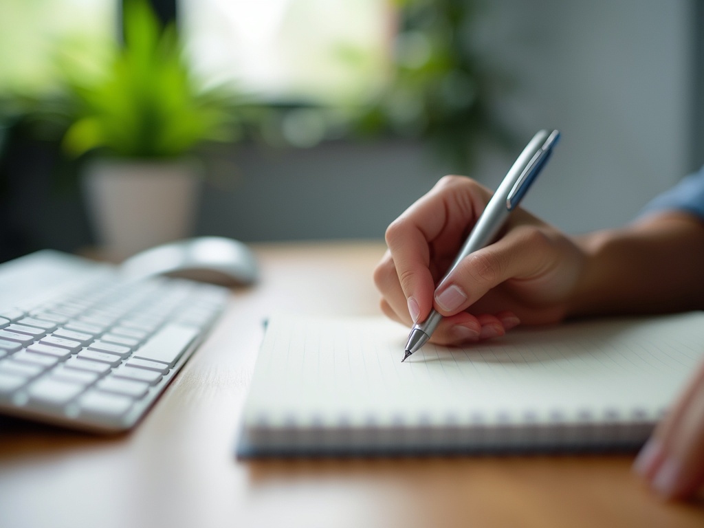 A hand holding a silver pen writing in a notebook with a keyboard and mouse in background.