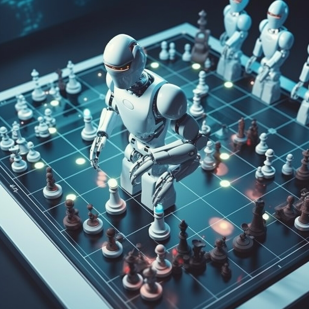 A humanoid robot playing chess on a futuristic board.