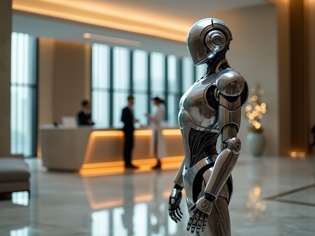 A humanoid robot in a modern hotel lobby with a guest and receptionist.