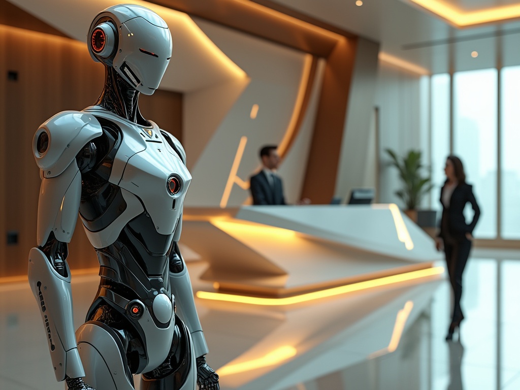 A humanoid robot in a sleek hotel lobby with a receptionist and guest.