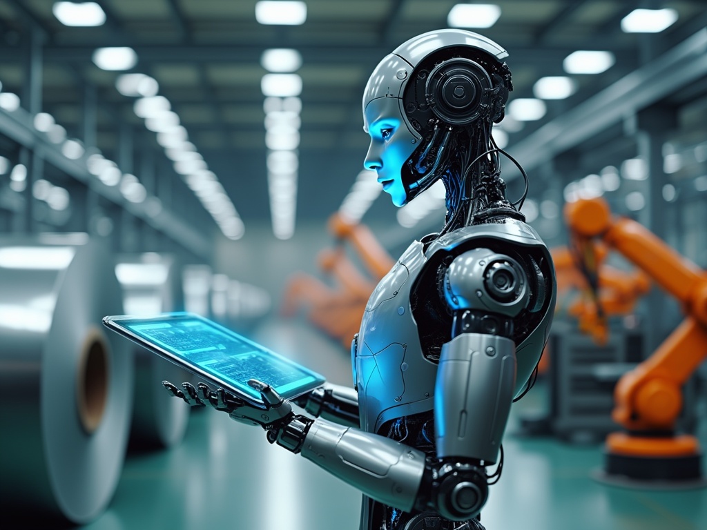 A humanoid robot uses a digital tablet in a high-tech factory.